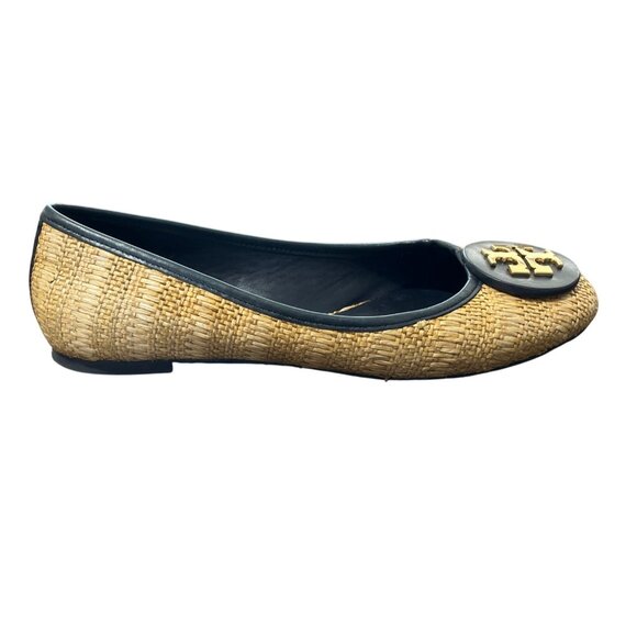 Tory Burch Reva Navy & Raffia Straw Woven Flats Logo Womens Size 7.5 - Picture 4 of 9